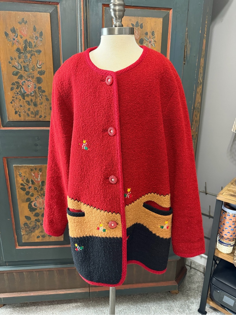 Red Teddy Jacket with Contrasting Tan & Black Pockets